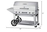 Crown Verity 48-inch mobile grill in stainless steel on large wheels, labelled 69 by 37 by 28 inches