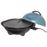 Cuisinart CEG-1149 in tabletop mode, lid raised to show the flat nonstick plate, its centre rib and drain slot