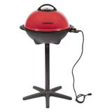 Cuisinart CEG-115 electric grill with red domed lid closed, on its black five-leg pedestal stand, cord trailing