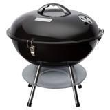 Cuisinart CCG-190 portable charcoal grill in black, lid latched shut, standing on three steel legs above its grey ash dish