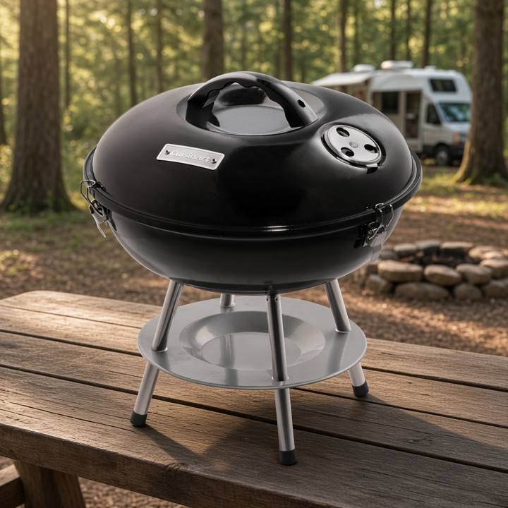 Cuisinart CCG-190 portable charcoal grill in black, lid latched shut, standing on three steel legs above its grey ash dish