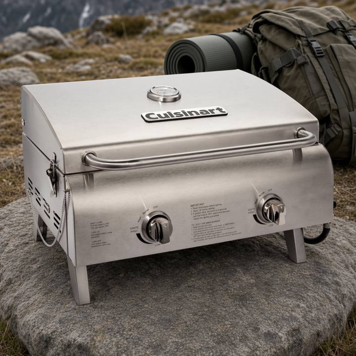 Cuisinart CGG-306P stainless tabletop gas grill, lid closed, standing on a rock outdoors with a backpack behind it