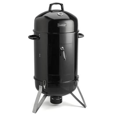 Cuisinart COS-118 vertical charcoal smoker, black enamel body on three splayed legs, lid thermometer and latched door.