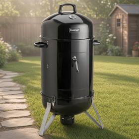 Cuisinart COS-118 vertical charcoal smoker, black enamel body on three splayed legs, lid thermometer and latched door.