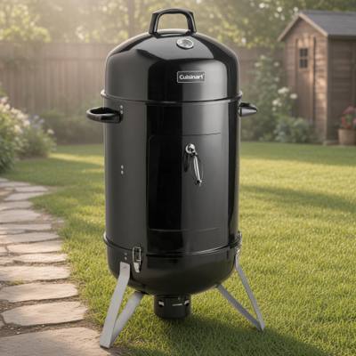 Cuisinart COS-118 vertical charcoal smoker, black enamel body on three splayed legs, lid thermometer and latched door.