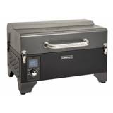 Cuisinart CPG-256 portable wood pellet grill, lid closed and latched, stainless carry handle above a lit control panel