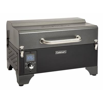 Cuisinart CPG-256 portable wood pellet grill, lid closed and latched, stainless carry handle above a lit control panel