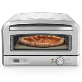 Cuisinart CPZ-120 indoor pizza oven in brushed stainless, a baked pizza on the stone behind the window, dial at right