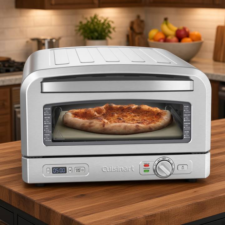 Cuisinart CPZ-120 indoor pizza oven in brushed stainless, a baked pizza on the stone behind the window, dial at right