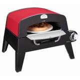 Cuisinart CPO-401 outdoor gas pizza oven in red and black, door folded down, a pizza on the round stone