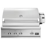DCS 36-inch Series 9 built-in stainless gas grill, hood closed, rotisserie motor housing on the right