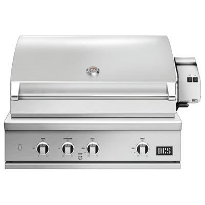 DCS 36-inch Series 9 built-in stainless gas grill, hood closed, rotisserie motor housing on the right