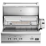 Hood open on the DCS Series 9 36-inch, rotisserie rod and forks fitted, sear grate at left, racks above