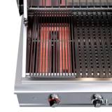 DCS Series 9 infrared sear burner glowing red under its sear grate at left, grill grates to the right