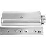 DCS 48-inch Series 9 built-in stainless grill, hood closed, five dials and the rotisserie motor housing at right