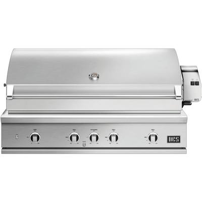 DCS 48-inch Series 9 built-in stainless grill, hood closed, five dials and the rotisserie motor housing at right