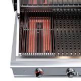 Close-up of the DCS infrared sear burner glowing orange under its rod grate, main grates unlit alongside