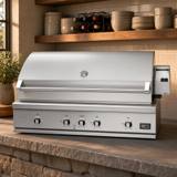 DCS 48-inch Series 9 built-in stainless grill, hood closed, five dials and the rotisserie motor housing at right
