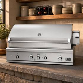 DCS 48-inch Series 9 built-in stainless grill, hood closed, five dials and the rotisserie motor housing at right