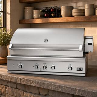 DCS 48-inch Series 9 built-in stainless grill, hood closed, five dials and the rotisserie motor housing at right