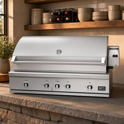 DCS 48-inch Series 9 built-in stainless grill, hood closed, five dials and the rotisserie motor housing at right