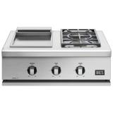 DCS 30-inch stainless griddle and double side burner module, covers off, plate at left and two-burner grate at right