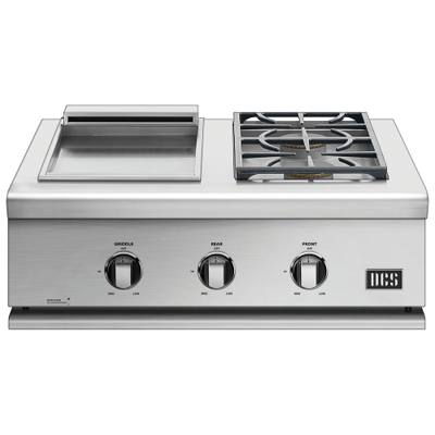 DCS 30-inch stainless griddle and double side burner module, covers off, plate at left and two-burner grate at right