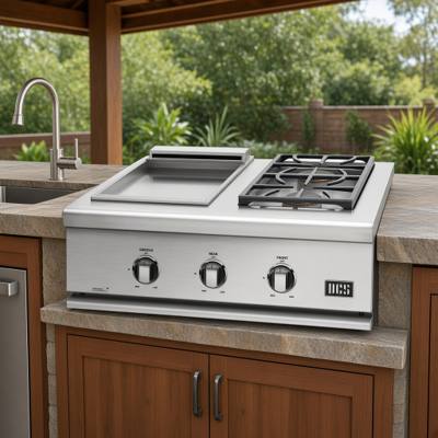 DCS 30-inch stainless griddle and double side burner module, covers off, plate at left and two-burner grate at right