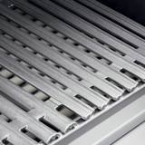 Close-up of DCS cast stainless double-sided grates, W-shaped bars facing up and one bar flipped to its radius side