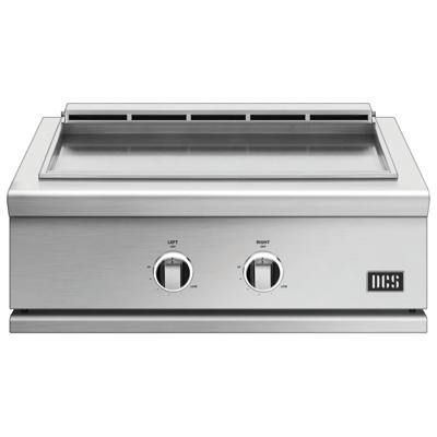 DCS 30-inch Series 9 stainless steel griddle head on, LEFT and RIGHT control dials on the front panel