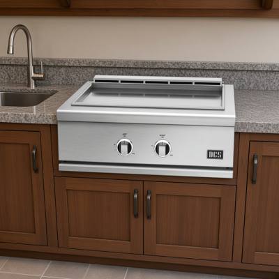 DCS 30-inch Series 9 stainless steel griddle head on, LEFT and RIGHT control dials on the front panel