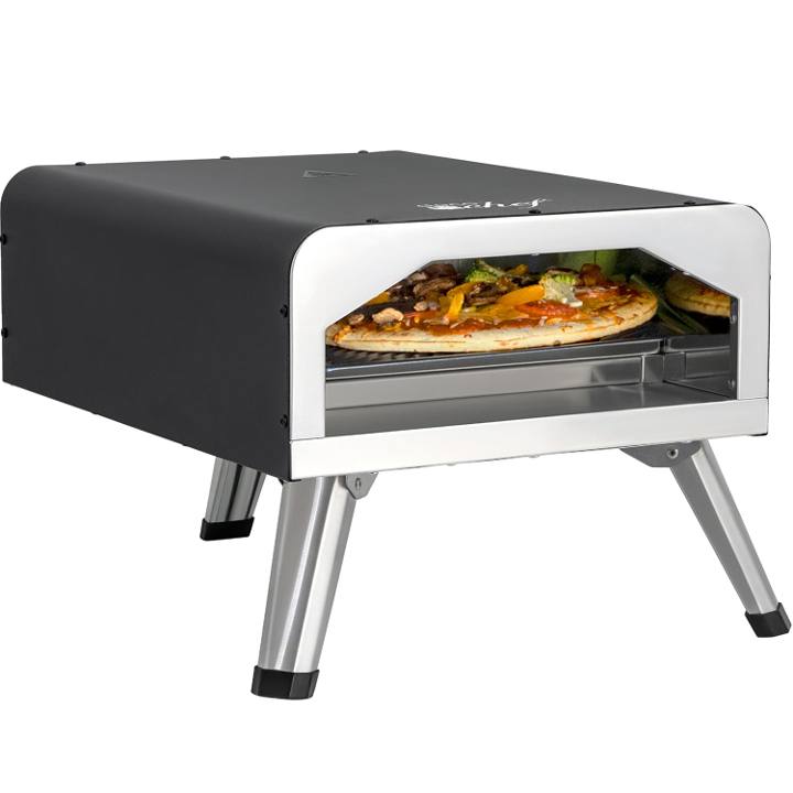 Deco Chef 12 inch electric pizza oven, black body and stainless front, a pizza on the stone, standing on folding legs