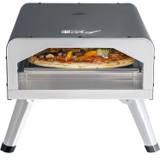 Deco Chef 12 inch electric pizza oven seen straight on, open mouth with a pizza on the plate