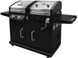 Dyna-Glo DGB730SNB-D dual fuel grill, gas chamber and knobs on the left, cranked charcoal chamber right