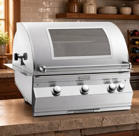 Fire Magic Aurora A660i set into a stone island, hood closed, viewing window and four control knobs visible