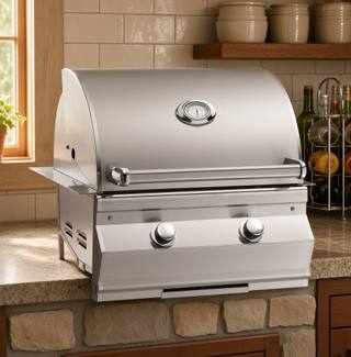 Fire Magic C430i stainless head built into a pale stone counter, lid down, hood gauge above two knobs