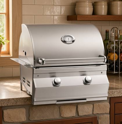 Fire Magic C430i stainless head built into a pale stone counter, lid down, hood gauge above two knobs