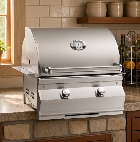 Fire Magic C430i stainless head built into a pale stone counter, lid down, hood gauge above two knobs
