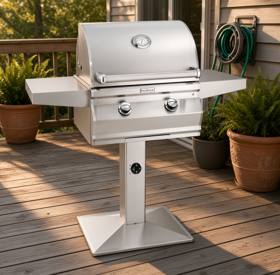 Fire Magic CM430s stainless grill on a post with a square base plate, bolted to a gray timber deck, timer dial on the post