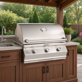 Fire Magic CM540 stainless grill head set into a stone outdoor counter, hood closed, three knobs and a lid dial