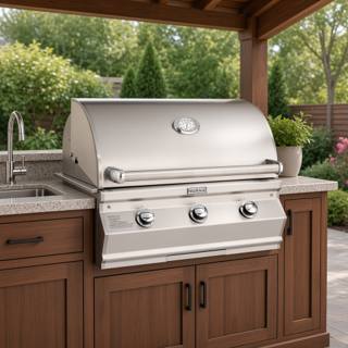 Fire Magic CM540 stainless grill head set into a stone outdoor counter, hood closed, three knobs and a lid dial