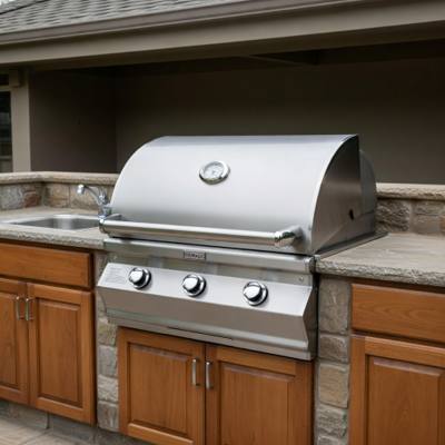 Fire Magic CM540 stainless grill head set into a stone outdoor counter, hood closed, three knobs and a lid dial