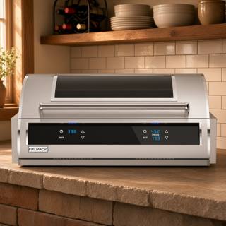 Fire Magic EL500i built into a stone counter, hood closed with a dark glass window and two lit touch control displays