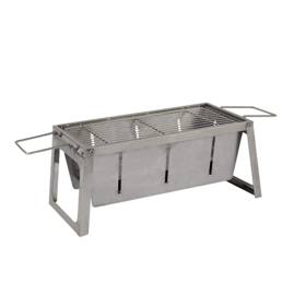 Fire Sense foldaway stainless charcoal grill standing open on its legs, wire grate on top, wire handles hooked at each end