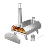 Stainless GasOne PZW-12A pellet pizza oven with a pizza inside, its door, pellet scoop and poker set beside it