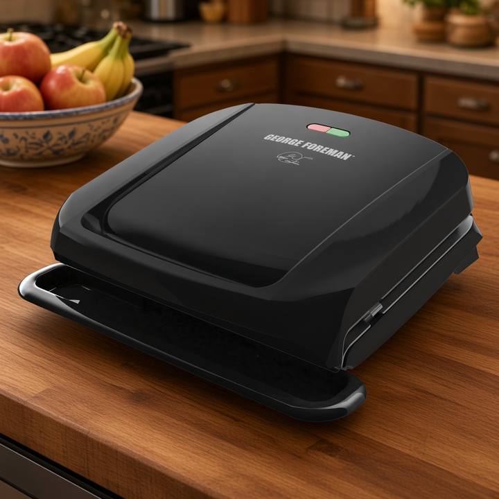 George Foreman GRP1060B contact grill closed on white, black lid with red and green lights, drip tray at the front