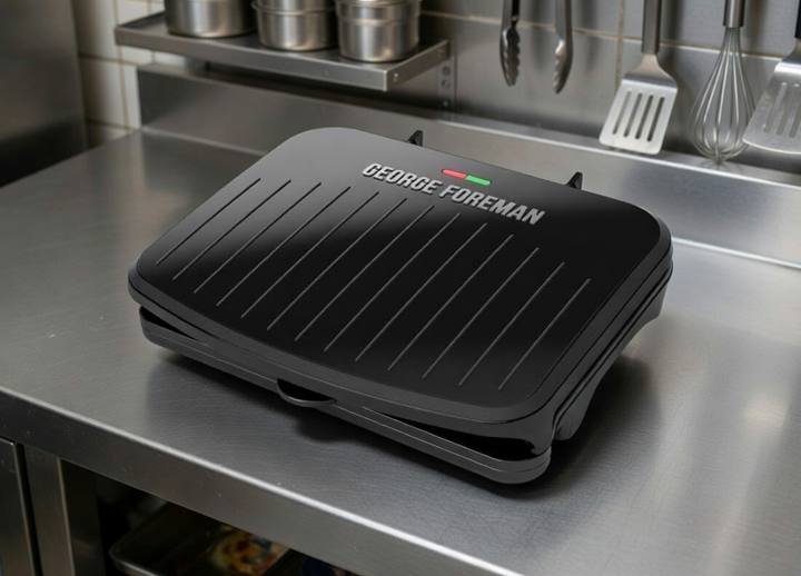 George Foreman Classic Plate grill closed on a stainless prep bench, ribbed black lid, red and green lights
