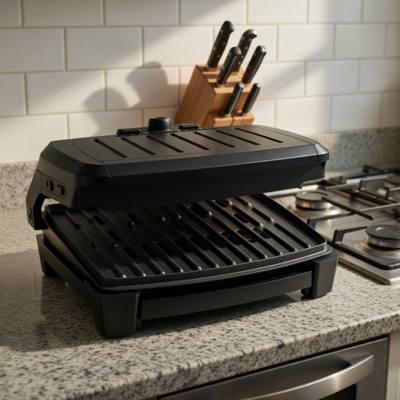 George Foreman 5-Serving Submersible grill open on a granite counter, black ribbed plates, drip tray under the front
