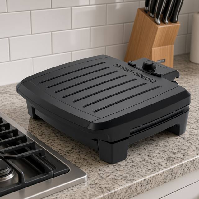 George Foreman 5-Serving Submersible grill open on a granite counter, black ribbed plates, drip tray under the front