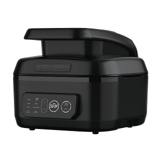George Foreman Beyond Grill on white, hood open, control panel showing the seven modes and a 500F display